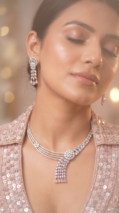 Silver and Pink Cascading Cz Tassel Drops Necklace Set product photo, Cunei India