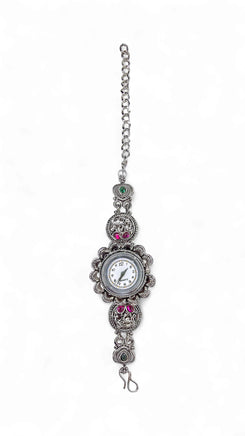 Silver with Pink and Green Accents Crystal Ethnic Bracelet Watch for women, Cunei India