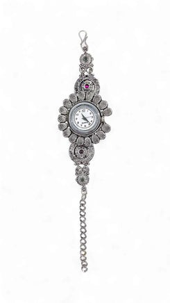 Silver with Pink and Green Accents Crystal Floral Bracelet Watch for women, Cunei India