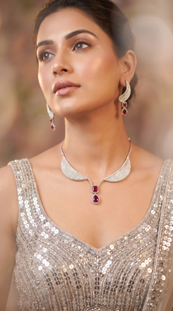 Silver and Ruby Red Teardrop Pendant Cz Necklace Set side view, Cunei India