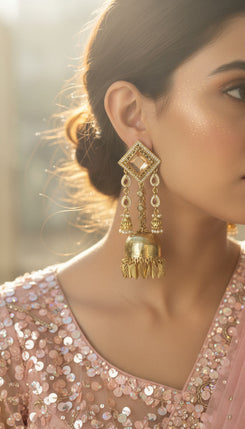 Square champagne kundan earrings product photo, Cunei India