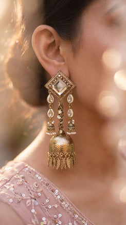 Square white kundan earrings product photo, Cunei India