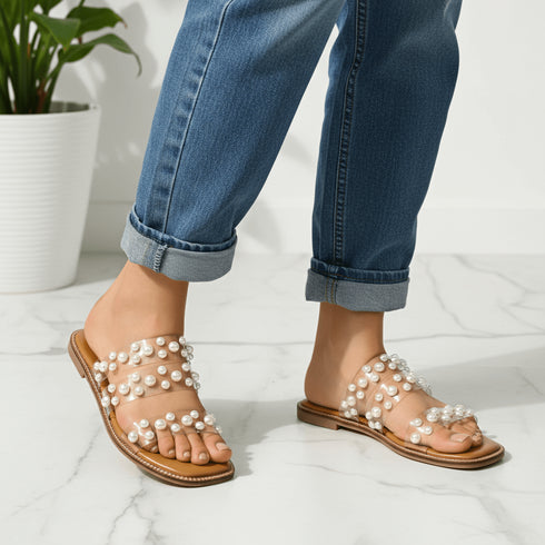 Tan Festive Pearl Flats - cunei