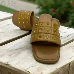Womens Tan Opulence Buttoned Slides