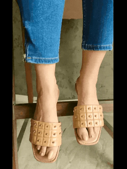 Tan Opulence Buttoned Slides - cunei