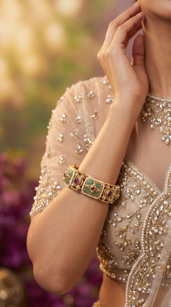 Teal, Purple, Green, and White Rectangular Kundan Panels With Stones Kada Bangles side view, Cunei India