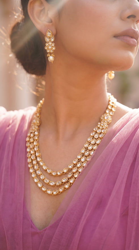 Three Layered Kundan Necklace Earrings Set