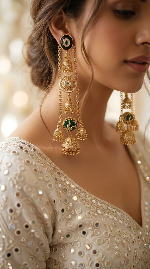 Timeless Round Golden Green Long Kashmiri Jhumka Earrings for Women