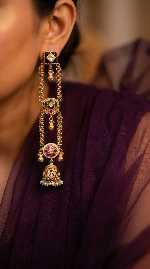 Timeless Square Green Long Kashmiri Jhumka Earrings for Women