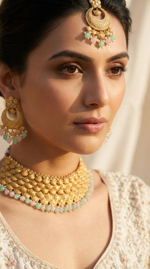Traditional Pink and Green Heritage Polish Choker Necklace Set