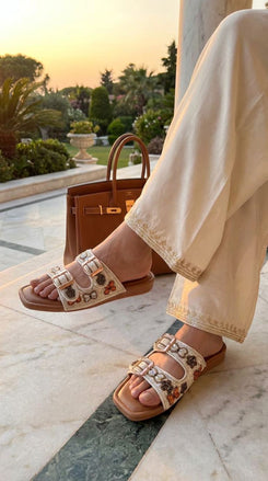 Two Strap Beaded Embroidered Buckled Slides for Casual Women Wear - view 2