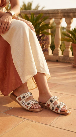 Two Strap Beaded Embroidered Buckled Slides for Casual Women Wear - view 4