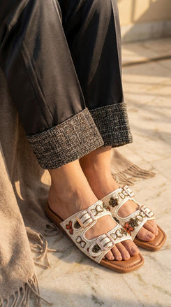 Two Strap Beaded Embroidered Buckled Slides for Casual Women Wear - view 6