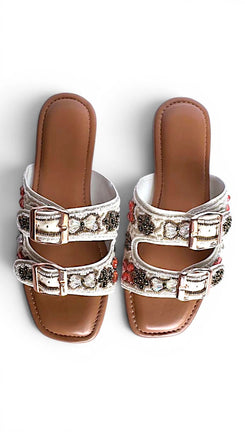 Two Strap Beaded Embroidered Buckled Slides for Casual Women Wear - view 9