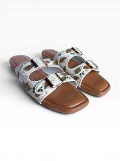 Two Strap Floral Embroidered Buckled Slides for Casual Women Wear - view 10