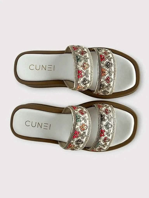 Two Strap Floral Zari Work Embroidered Slider - cunei