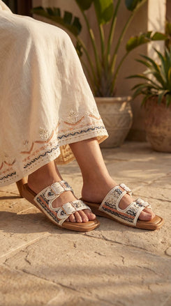 Two Strap Wavy Embroidered Buckled Slides for Casual Women Wear - view 5