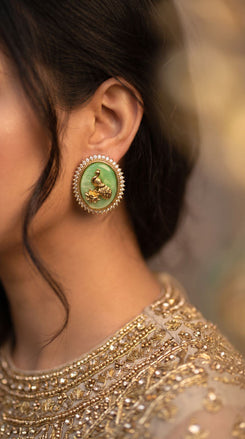 Vintage Oval Green Peacock Stud Earrings for Women - view 3