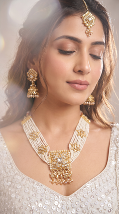 White and Gold Three Piece Square Pendant Multi Strand Necklace Set