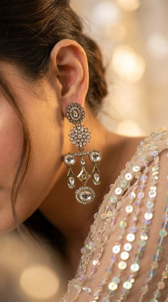 White Floral Diamond Dangling Earrings side view, Cunei India