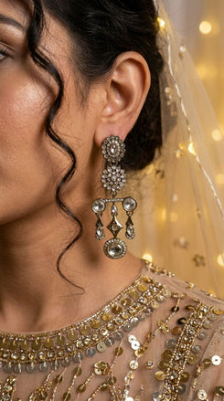 White Floral Diamond Dangling Earrings detail, Cunei India