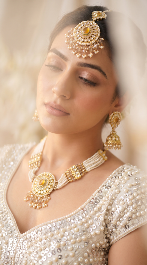 White Gold and Brown Multi Strand Pearl Necklace Set Pearl Ethnic Necklace Set for women, Cunei India