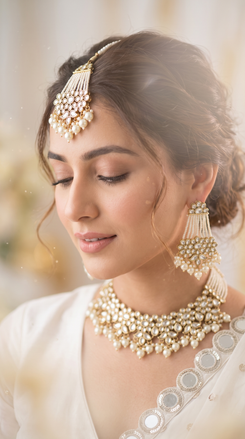 White and Gold Three Piece Kundan Floral Pearl Cluster Necklace Set - view 3