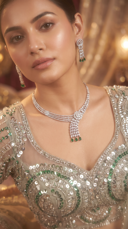 White and Green Cascading Emerald Drops Cz Necklace Set for Women, Cunei India