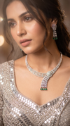 White and Green Cascading Emerald Drops Cz Necklace Set side view, Cunei India