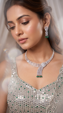 White and Green Cascading Emerald Drops Cz Necklace Set product photo, Cunei India