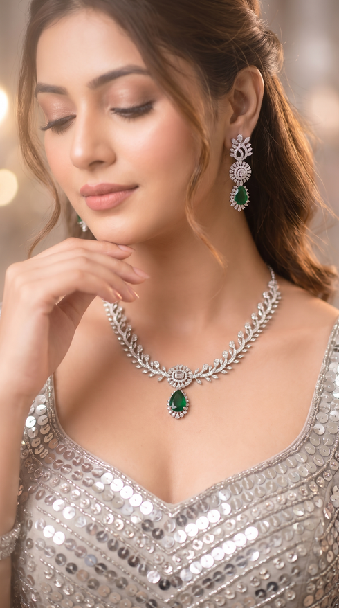 White and Green Leaf Motif Emerald Drop Cz Necklace Set for Women, Cunei India