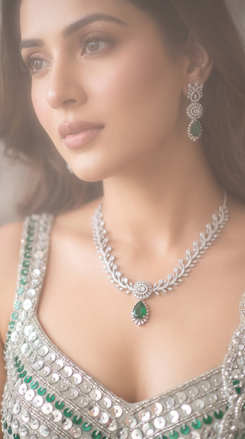 White and Green Leaf Motif Emerald Drop Cz Necklace Set side view, Cunei India