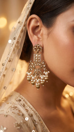 White Kundan Drop Dangling Earrings side view, Cunei India