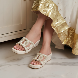 White Pearl Motif Wedges for Women - Casual & Party Wear - Image 1 - Cunei India