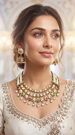 White Red and Green Tiered Kundan Drops Necklace Set - view 2