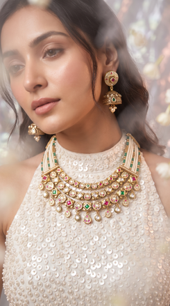 White Red and Green Tiered Kundan Drops Necklace Set - view 3