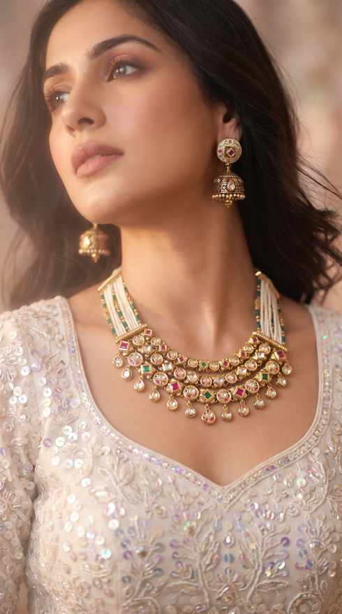 White Red and Green Tiered Kundan Drops Necklace Set