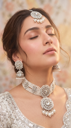 White and Silver Three Piece Multi Strand Beaded Choker Necklace Set - view 2