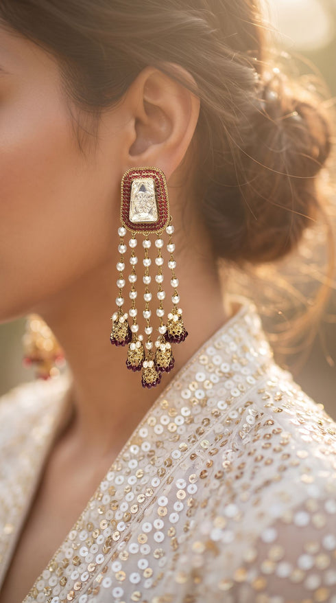 Wine Pearl Drops Tassels Earrings for Women