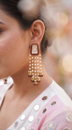 Wine Pearl Drops Tassels Earrings for Women - view 4