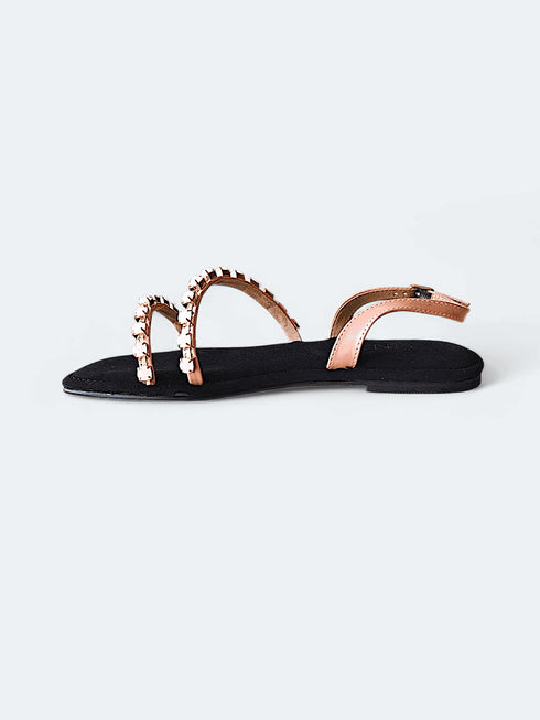 Womens Velvet Black - Pink Studded Flat Sandals - cunei