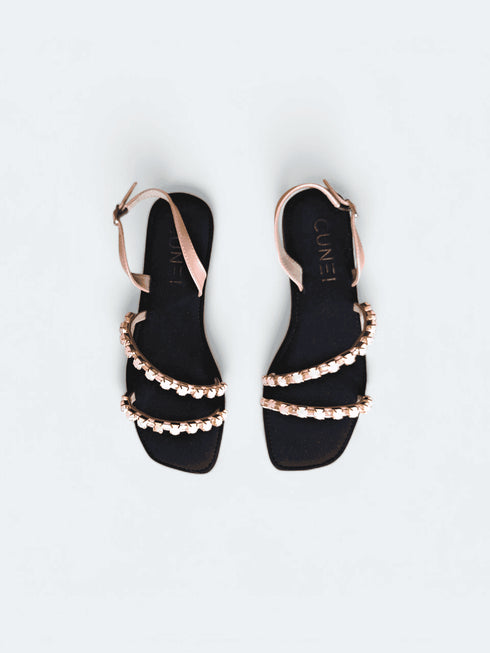 Womens Velvet Black - Pink Studded Flat Sandals - cunei