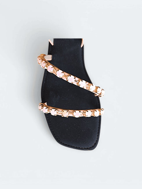 Womens Velvet Black - Pink Studded Flat Sandals - cunei