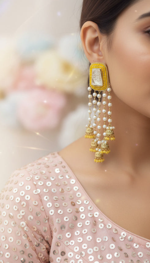 Yellow cascading pearl strand jhumkas for women, Cunei India