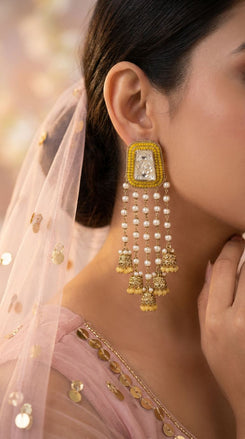 Yellow pearl jhumkas product photo, Cunei India