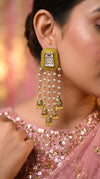 Yellow pearl jhumkas detail, Cunei India