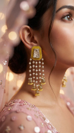 Yellow pearl jhumkas close-up, Cunei India