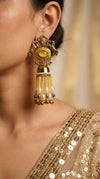 Yellow Royal Empress Horse Jhumka Dangling Earrings side view, Cunei India