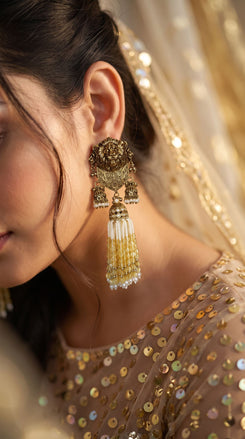 Yellow Royal Lion Jhumka Dangling Earrings side view, Cunei India