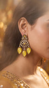 Yellow Three Tear Drop Dangle Earrings with Cubic Zirconia side view, Cunei India